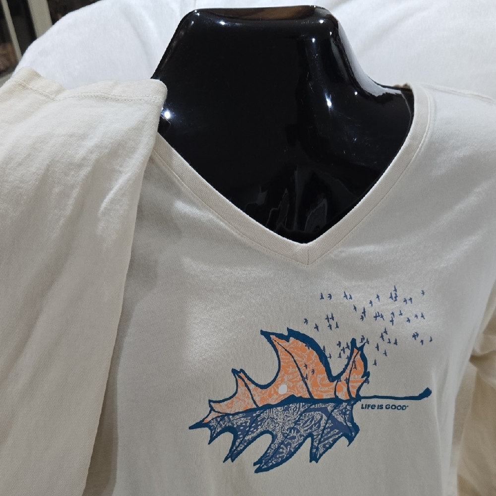 Life Is Good Cream V-Neck with Blue and Orange Leaf
